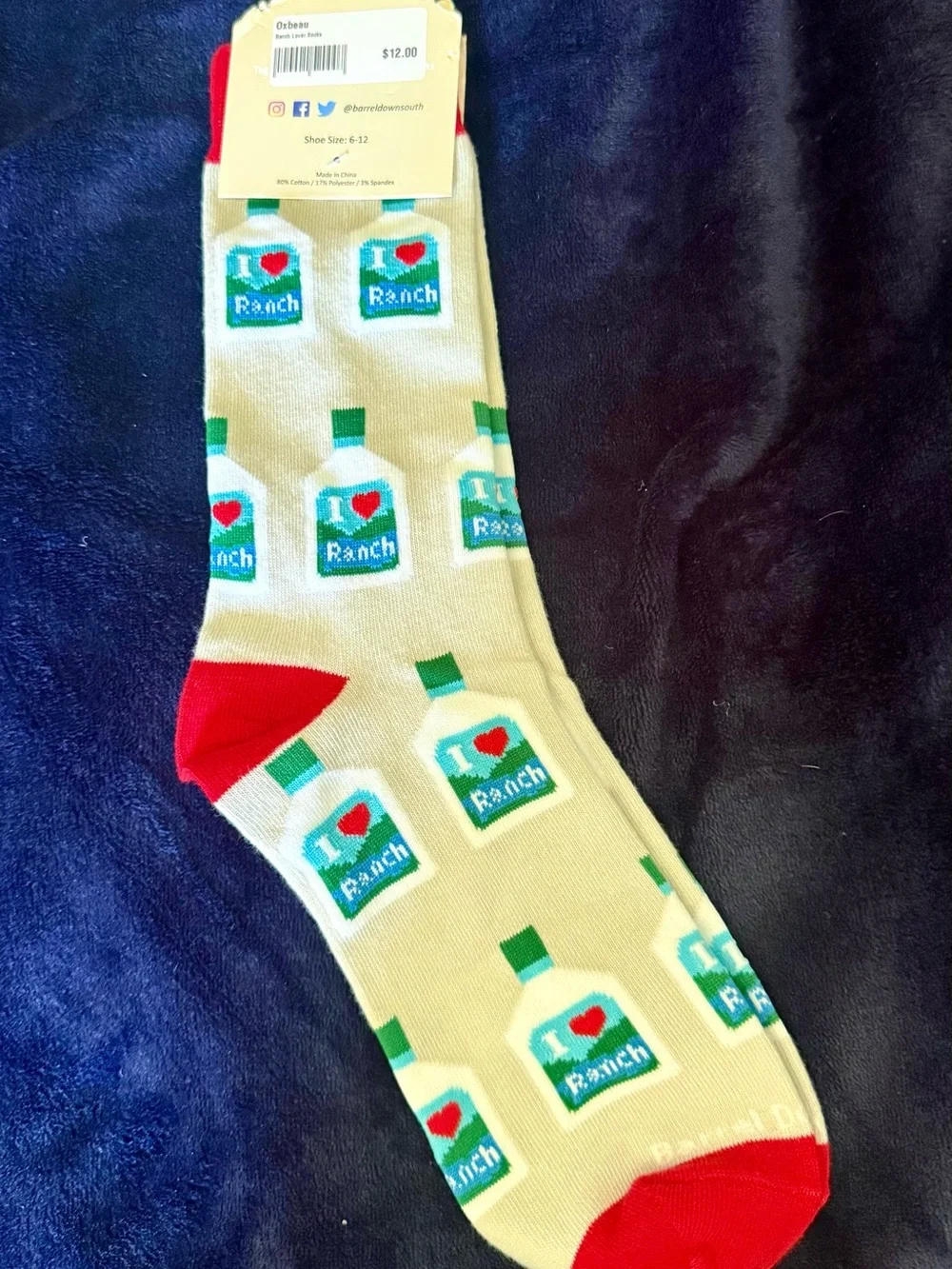 Cream Crew Socks with Red Accents - 'I ♥ Ranch'